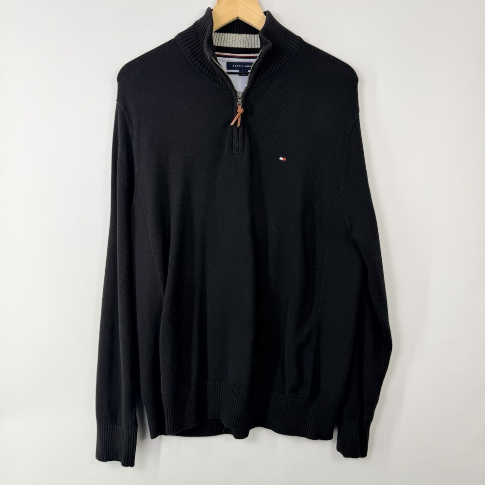 Tommy Hilfiger Quarter Zip Sweater Mens L Black Cotton Pullover Logo